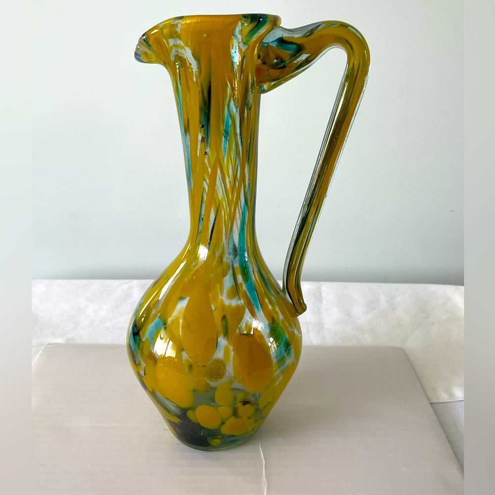 Vintage Hand Blown yellow blue Glass Pitcher